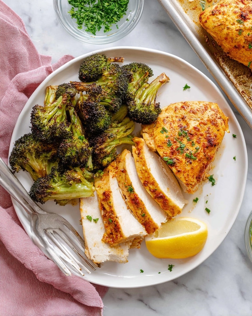 The white plate holds a cooked, seasoned chicken breast split into two parts, with one half sliced into five thick pieces showing white, tender meat inside and a golden-brown, spiced outer layer. To the left of the chicken, there is a pile of roasted broccoli florets that are dark green with some brown, crispy spots. At the bottom right of the plate, there is a bright yellow lemon wedge. A silver fork is placed on the left edge of the plate. The plate sits on a white marbled surface, with a pink cloth peeking in from the top left corner and a small glass bowl of chopped green herbs in the top right background. Part of a baking tray with another cooked chicken breast is visible on the right side of the image. photo taken with an iphone --ar 4:5 --v 7