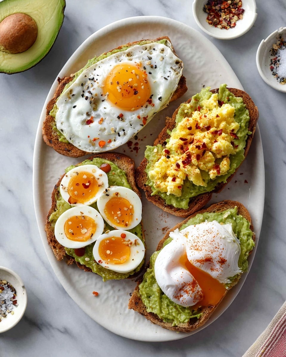 A white oval plate holds four slices of toasted bread each topped with a green mashed avocado layer. The top left slice is covered with a bright sunny-side-up egg, its white cooked with slightly crisp edges and a shiny golden yolk in the center, dotted with black pepper and drops of red sauce. The top right slice displays fluffy yellow scrambled eggs sprinkled with red chili flakes on the green avocado. The bottom left slice features five halves of soft-boiled eggs evenly spread over the avocado, each with a slightly runny orange yolk and seasoned with black pepper. The bottom right slice has a poached egg with a soft, white outer layer and a runny yolk flowing out, also garnished with chili flakes on top of the mashed avocado. The plate is set on a white marbled surface, with part of a sliced avocado and small white dishes with seasoning seen around. Photo taken with an iphone --ar 4:5 --v 7