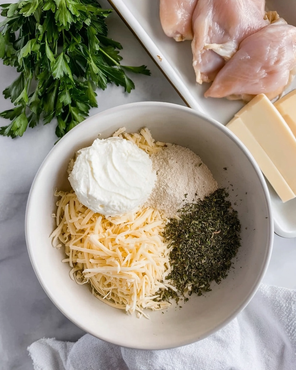 A white bowl on a white marbled surface has several ingredients layered inside: a round scoop of white cream cheese sits at the back center, with shredded light yellow cheese piled in front of it. To the right side, there is a small mound of light beige powder and a pile of dark green dried herbs. Fresh green parsley with leafy stems rests on the upper left side outside the bowl, while three pink raw chicken pieces are arranged neatly on a white tray in the upper right corner. Three slices of white cheese are stacked in a small pile near the parsley. A woman's hand holding a white towel is partially visible at the bottom right edge. photo taken with an iphone --ar 4:5 --v 7