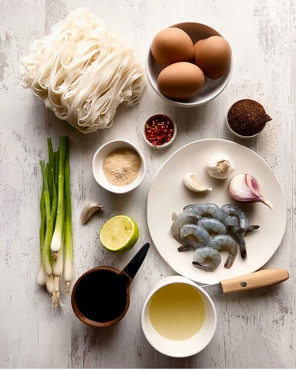 The image shows various ingredients neatly arranged on a white marbled textured surface. There are flat white noodles folded in layers on the top left, a small bunch of green onion stalks placed vertically below the noodles. Two brown eggs sit side by side inside a white bowl in the top middle area. A small white bowl with light brown powder is nearby, along with a lemon green in color. A white plate on the right holds two light purple shallots, a small clove of garlic, and some red chili flakes. Below the plate, there is a small white container holding thin almond slices, a dark brown small cup of sauce, a white cup with pale yellow liquid, and a white bowl with dark gray shrimp above it. A woman's hand holds a small black knife with a wooden handle near the small white container. photo taken with an iphone --ar 4:5 --v 7