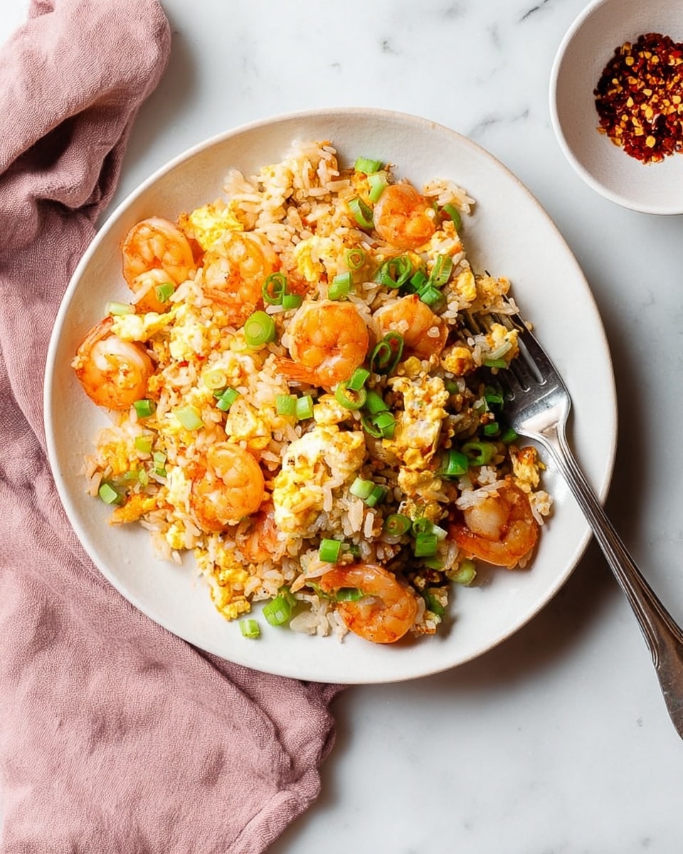 A white plate filled with a mix of cooked rice, orange shrimp, and scrambled eggs, all tossed together with small green onion pieces scattered on top. The rice and eggs create a soft, mixed off-white and yellow base, with the shrimp adding bright orange pops all around. Small green onion bits add a fresh green touch over the top. A silver fork rests on the edge of the plate. The plate is set on a soft pink cloth on a white marbled surface. Nearby, a small white bowl contains red chili flakes. Photo taken with an iphone --ar 4:5 --v 7