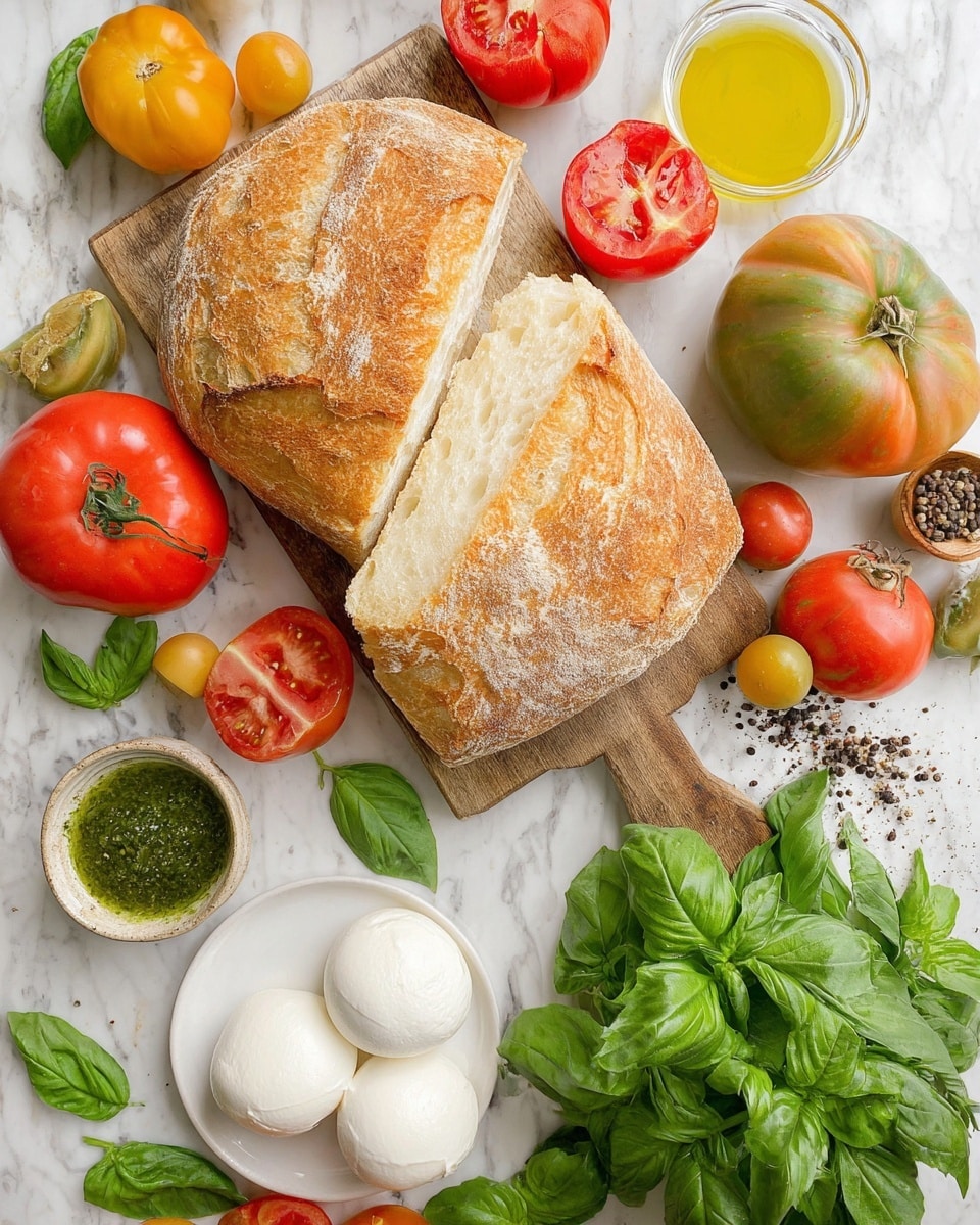 The image shows a rustic wooden board with two large pieces of golden-brown, crusty bread placed on top, showing a soft and airy inside texture. Surrounding the board are ripe tomatoes in different colors and shapes: bright red round tomatoes, red plum tomatoes on the vine, a yellow round tomato, and a green round tomato with a small stem. To the bottom right, there is a white plate filled with fresh green basil leaves and two smooth, round white balls of fresh mozzarella cheese. Small bowls near the board contain green pesto sauce and golden olive oil, with some black pepper scattered close to them. The background is a white marbled surface, adding a clean and bright contrast to the colorful food items. Photo taken with an iphone --ar 4:5 --v 7