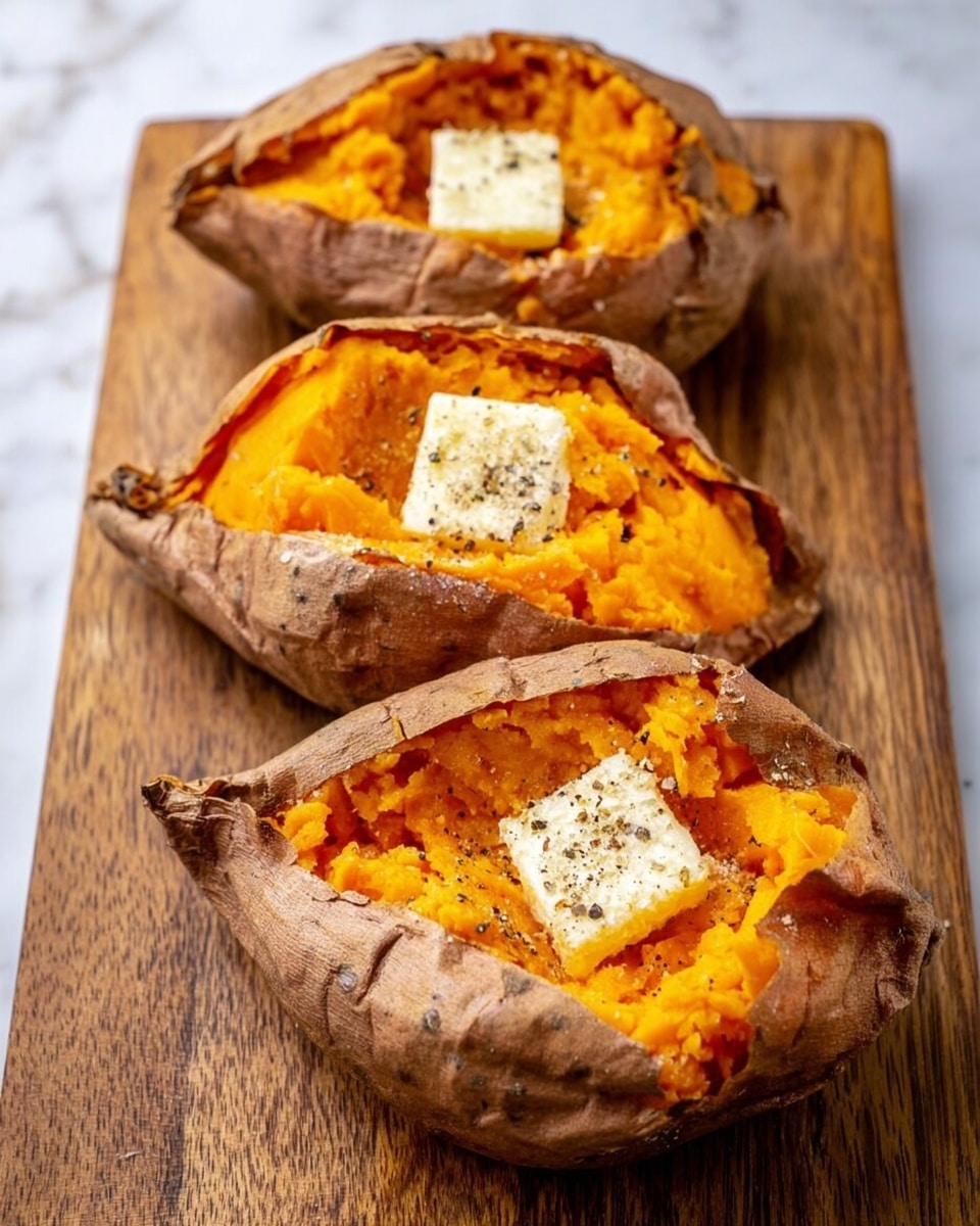 The image shows three baked sweet potatoes placed side by side on a wooden board. Each sweet potato is split open in the middle, revealing bright orange, soft, mashed insides topped with a square of melting pale yellow butter sprinkled with ground black pepper. The texture of the sweet potato skin is rough and brown, contrasting with the smooth, bright filling. The wooden board and white marbled surface around it create a simple rustic look. photo taken with an iphone --ar 4:5 --v 7