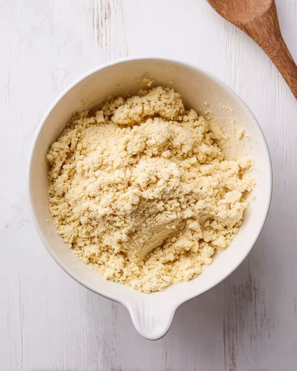 A white bowl filled with crumbly dough that looks pale yellow and coarse, sitting on a white marbled surface. The dough has an uneven texture with small and large clumps spread across the bowl's inside. A wooden spoon is partially visible to the upper right on the same surface. The white bowl has a small handle on one side. Photo taken with an iphone --ar 4:5 --v 7