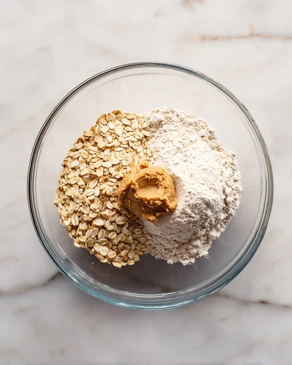 A clear glass bowl sits on a white marbled surface, containing three distinct layers of ingredients. On the left side, there is a pile of light brown rolled oats with a dry and flaky texture. Next to it on the right, a larger mound of off-white flour with a fine, powdery look fills about half of the bowl. On top of the flour, slightly to the right, there is a small round shaped mound of tan brown peanut butter, which looks smooth and dense. Photo taken with an iphone --ar 4:5 --v 7