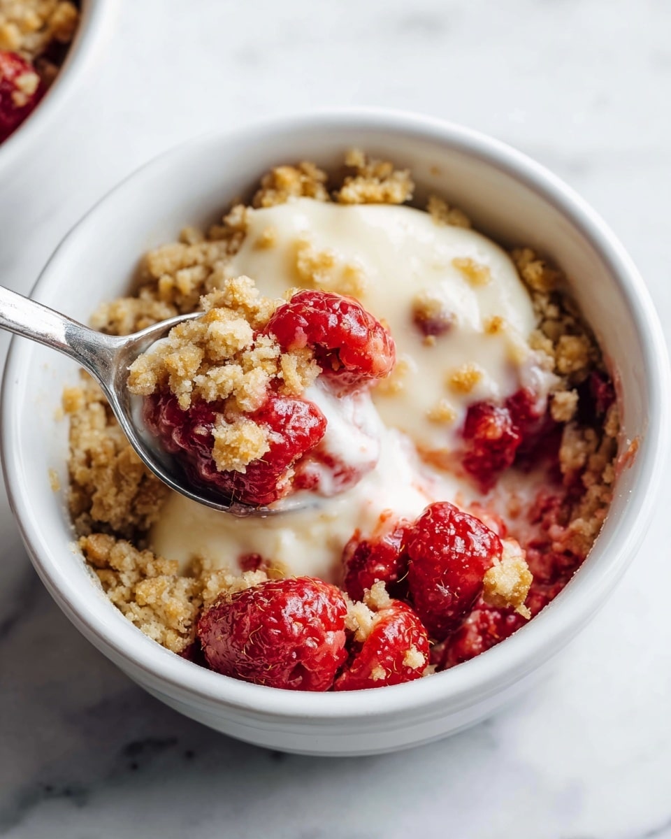 The image shows a white bowl filled with a layered dessert. At the bottom, there are bright red raspberries with a juicy texture. Above the raspberries, there is a golden brown crumbly topping that looks crunchy and textured. On top of this, there is a creamy white layer that appears soft and smooth, slightly melting and blending into the crumbly layer. A metal spoon is scooping a mix of the raspberries, topping, and cream from the bowl. The bowl is placed on a white marbled surface. The photo taken with an iphone --ar 4:5 --v 7