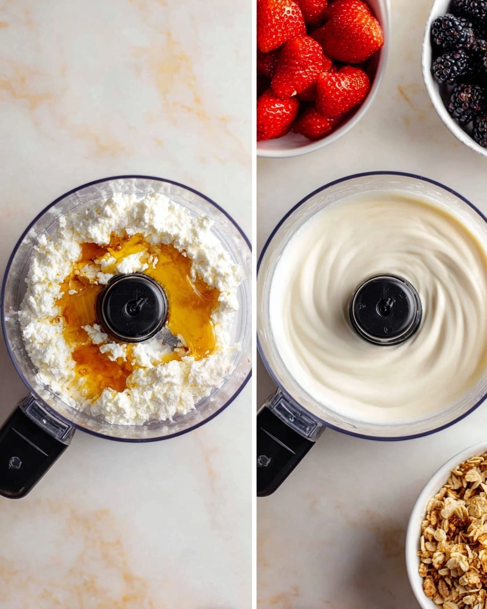 The image shows two clear food processor bowls placed on a white marbled surface, each with a black center blade cap. The left bowl contains white cottage cheese with honey drizzled on top, creating a mix of white and golden-yellow textured layers. The right bowl shows a smooth, fully blended white creamy mixture. In the background, there is a white bowl filled with red strawberries, blackberries, and blueberries at the top right corner, and another white bowl containing granola at the bottom right corner. The photo was taken with an iphone --ar 4:5 --v 7
