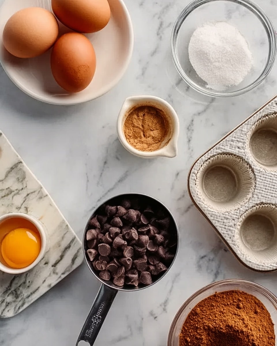 The image shows a white marbled surface with baking ingredients neatly placed. On the top left, there is a white plate holding two brown eggs. Near the center is a small white bowl filled with granulated sugar. Next to it, a small white ceramic cup contains a light brown powder, likely cinnamon and spices. In the middle right, a silver metal measuring cup is filled with dark brown chocolate chips, resting inside a white metal muffin tray with empty compartments. To the right edge, a clear glass bowl holds a brown powder, probably cinnamon. A woman's hand is not visible but implied. Photo taken with an iphone --ar 4:5 --v 7