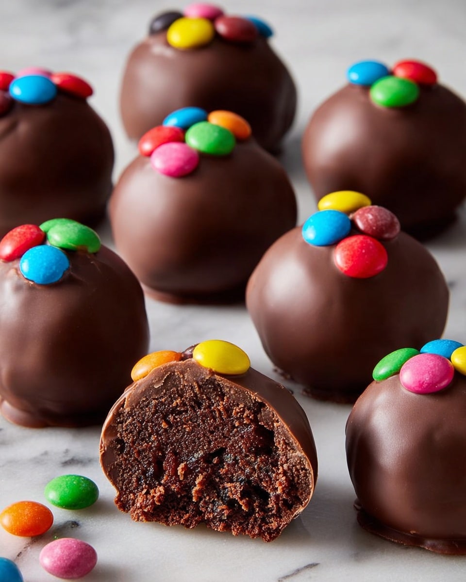 There are nine round chocolate balls covered in smooth dark brown chocolate on a white marbled surface. Each ball is topped with a small cluster of colorful candy-coated pieces in red, green, yellow, blue, pink, and orange. One chocolate ball at the front is cut in half, showing a moist, dense dark brown cake inside. A few candy-coated pieces are scattered around the chocolate balls on the surface. photo taken with an iphone --ar 4:5 --v 7