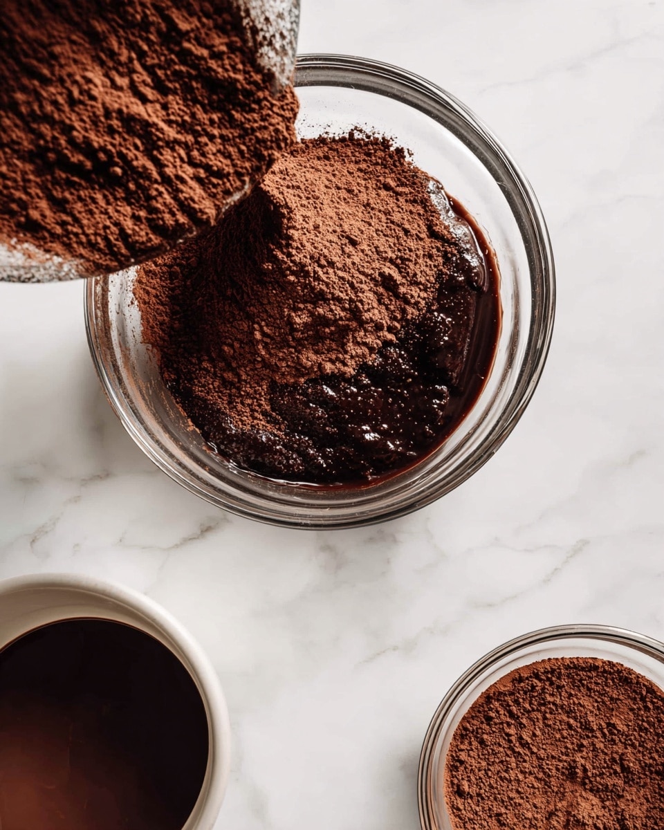 A clear glass bowl sits on a white marbled surface filled halfway with a dark brown powder and a moist chocolate mixture beneath it. Above the bowl, more of the dry dark brown powder is falling from a container into the bowl, creating a soft pile. To the bottom left, a white cup holds thick dark brown melted chocolate, while a small clear glass bowl with similar dark brown powder rests to the right. The scene shows layers of rich dark brown powders and melted chocolate, all on a clean white marbled background. Photo taken with an iphone --ar 4:5 --v 7