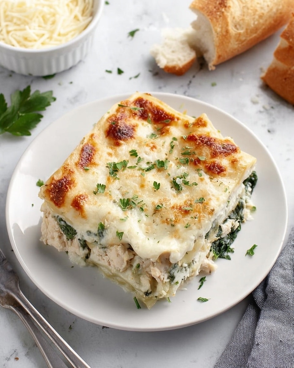 A square piece of lasagna sits on a white plate, showing three visible layers: a creamy white sauce mixed with pieces of green spinach and shredded chicken in the middle, topped with a layer of melted golden-brown cheese sprinkled with chopped green parsley. The edges of the lasagna are slightly browned and bubbly. Around the plate, there is a piece of torn bread on a white marbled surface, some shredded cheese in a white bowl to the upper left, and a silver fork next to a gray cloth napkin to the right. Photo taken with an iphone --ar 4:5 --v 7