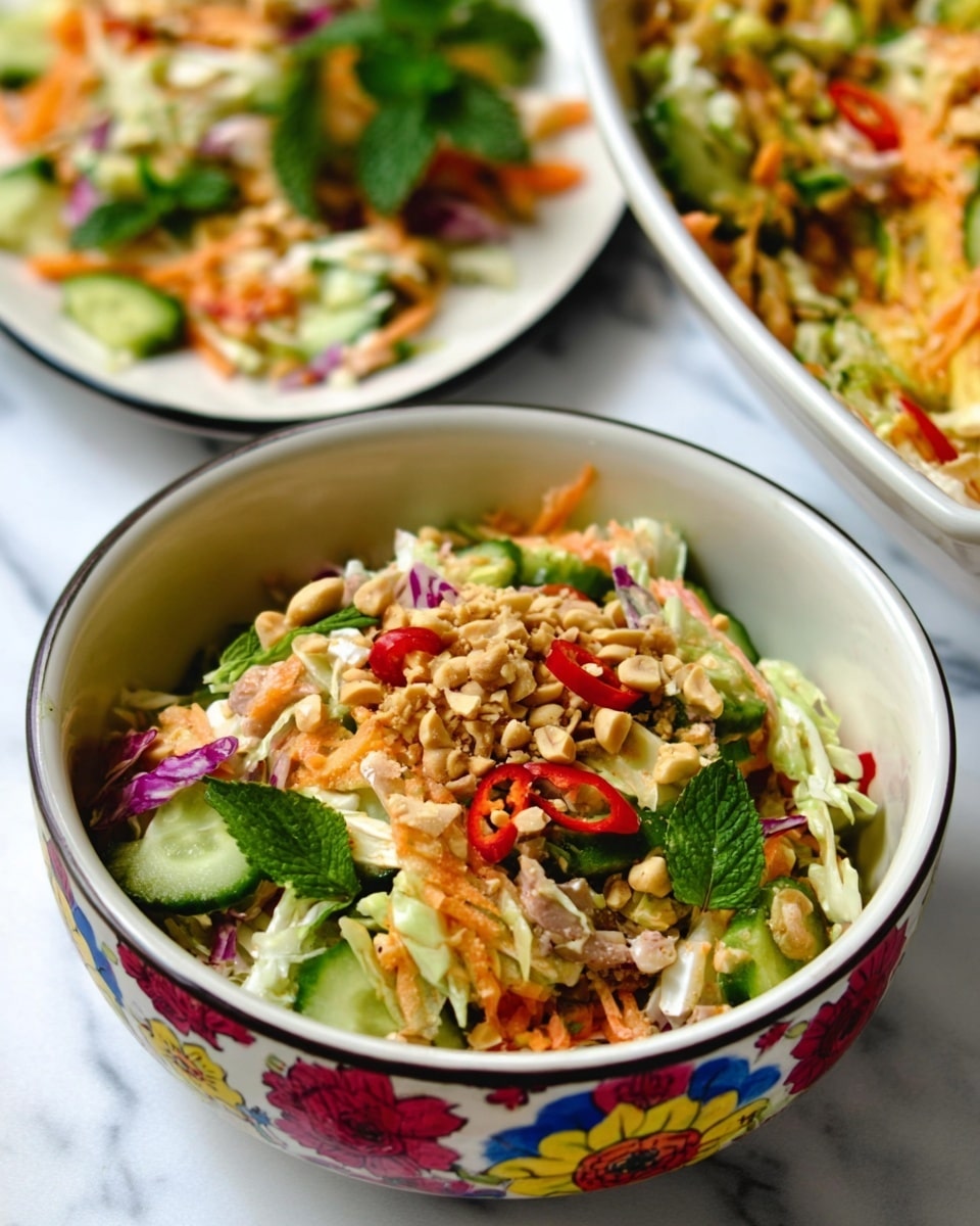 A colorful salad is served in a white bowl with a floral pattern in red, yellow, and blue, filled with chopped green cucumbers, red chili slices, shredded white cabbage, orange carrot strips, and small pieces of meat. The salad is topped with crushed peanuts scattered unevenly over the top, creating a crunchy texture. Behind the bowl, there is a white plate filled with the same salad showing more of the salad’s fresh green, red, orange, and white colors with visible mint leaves adding a dark green shade. The scene is set on a white marbled surface. Photo taken with an iphone --ar 4:5 --v 7
