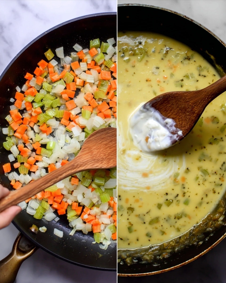 The image shows two side-by-side views of cooking stages in a black pan on a white marbled surface. On the left, there are diced white onions, sliced orange carrots, and green celery pieces being stirred with a wooden spoon held by a woman's hand. The vegetables are bright and fresh in color. On the right, the pan contains a creamy yellow mixture with small bits of vegetables and a swirl of white cream or milk being stirred by the same wooden spoon, creating a smooth texture on the surface. photo taken with an iphone --ar 4:5 --v 7
