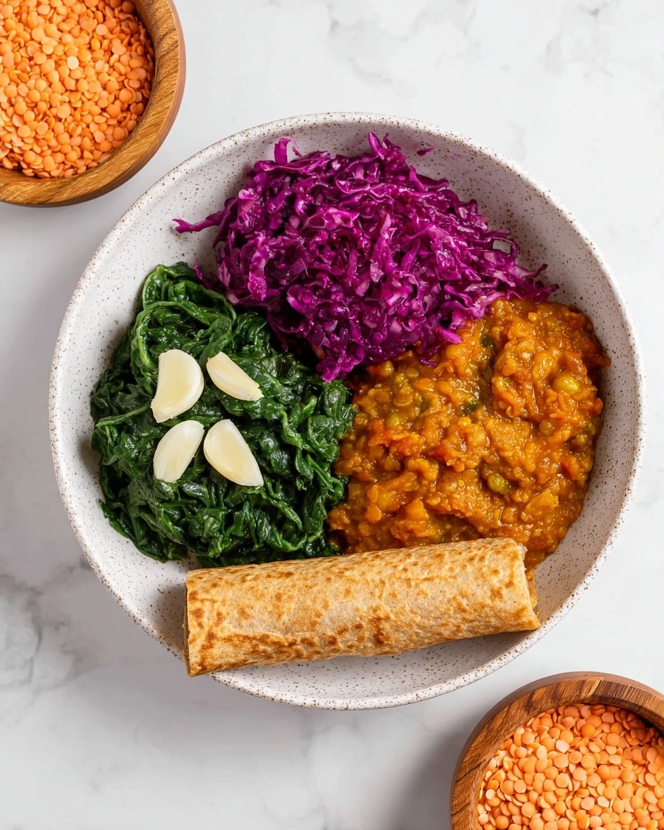 A white speckled bowl contains four sections of food arranged neatly: the first section has bright green cooked spinach topped with several thin slices of garlic, the second section holds a vibrant purple shredded cabbage salad, the third section is filled with a thick orange lentil stew with a chunky texture, and the fourth section features a golden-brown rolled flatbread with a porous surface. The bowl is placed on a white marbled surface with a small wooden bowl filled with uncooked orange lentils nearby. Photo taken with an iphone --ar 4:5 --v 7