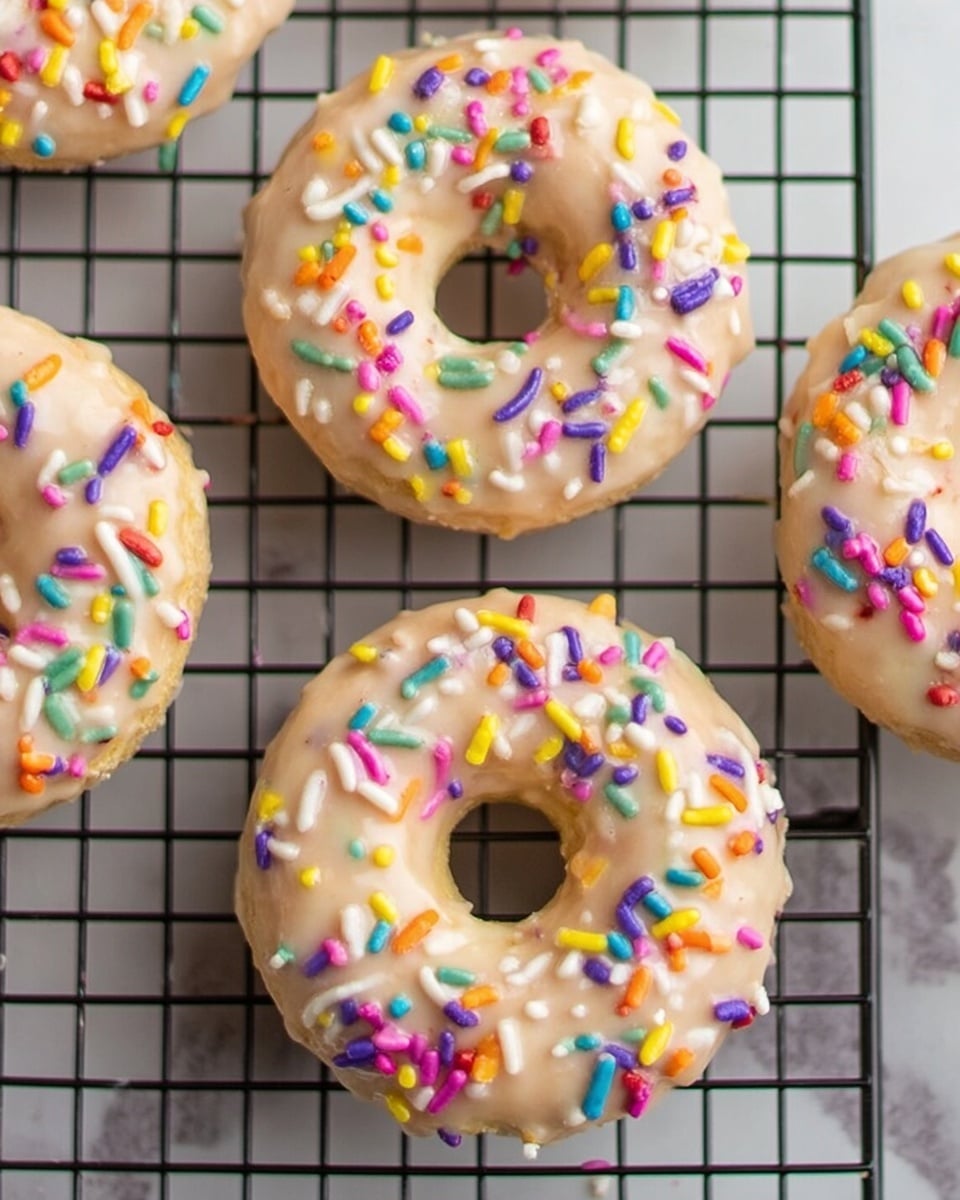 A close-up view of five round donuts on a metal cooling rack placed on a white marbled surface. Each donut has a smooth light beige glaze layer that covers the top, with colorful sprinkle bits in shades of purple, yellow, green, blue, orange, white, and red scattered generously over the glaze. The texture of the donuts looks soft and slightly fluffy, with the round hole in the center clearly visible. The overall look is bright and cheerful with the contrast of sprinkles on the pale glaze and the dark grid of the rack underneath. photo taken with an iphone --ar 4:5 --v 7