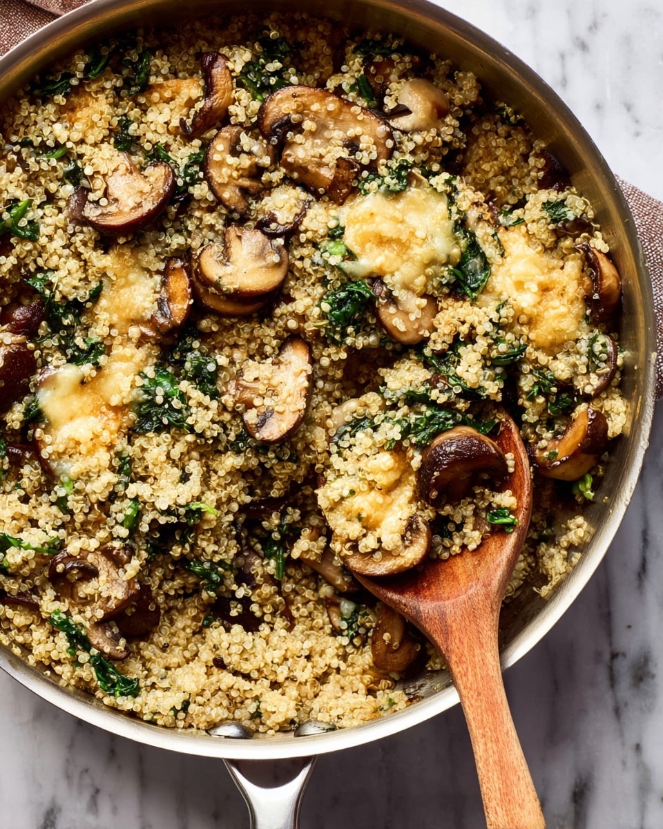 A close-up view of a metal pan filled with a mixed quinoa dish, showing three main layers: the base layer is light beige cooked quinoa with a fluffy, grainy texture, mixed evenly throughout the pan; scattered across the quinoa are dark brown, sliced mushrooms with a soft, slightly shiny surface; green leafy spinach is spread evenly, adding touches of deep green color; large creamy yellow melted cheese pieces are mixed in, slightly browned at the edges, creating a gooey texture contrast with the quinoa and vegetables; a wooden spoon with some of the mixture rests in the pan, lifting a scoop. The pan sits on a white marbled surface. Photo taken with an iphone --ar 4:5 --v 7