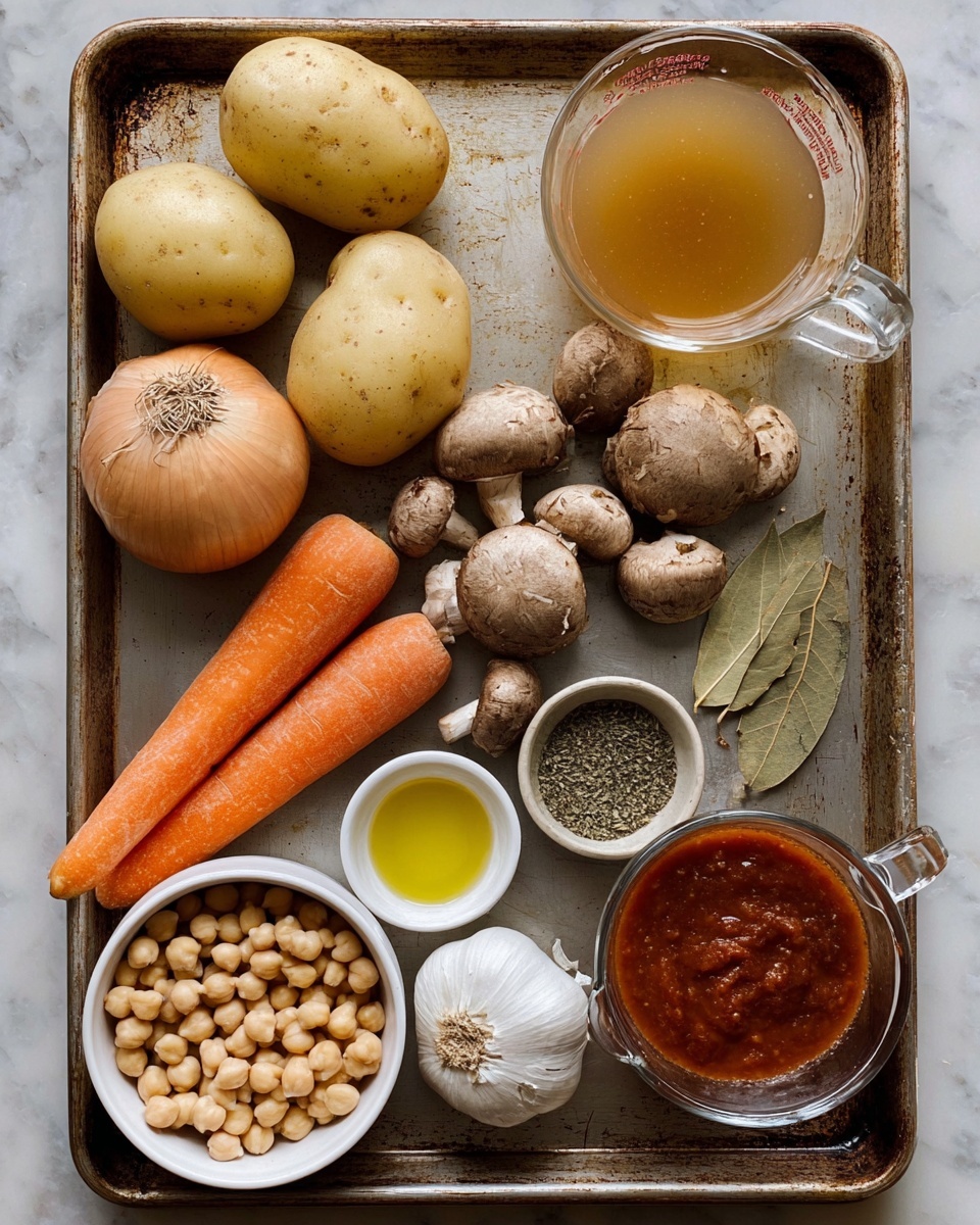 A metal baking tray with four pale yellow potatoes in the top left corner, next to a cluster of brown mushrooms placed toward the center-right. Below the potatoes, there is a whole light brown onion and two long orange carrots arranged diagonally. Near the bottom left corner, there is a white bowl filled with beige chickpeas. To the right, three small bowls hold different ingredients: green dried herbs in a light-colored bowl, a yellow liquid (oil) in a white bowl, and white salt in a light-colored bowl. A bulb of garlic sits near the bottom right corner, and next to it is a clear measuring cup filled with a golden broth. Close to the right edge, a small metal bowl contains a dark red sauce with a textured surface. Two dried bay leaves rest near the carrots. The tray has a worn look, and the photo is shot on a white marbled background. photo taken with an iphone --ar 4:5 --v 7