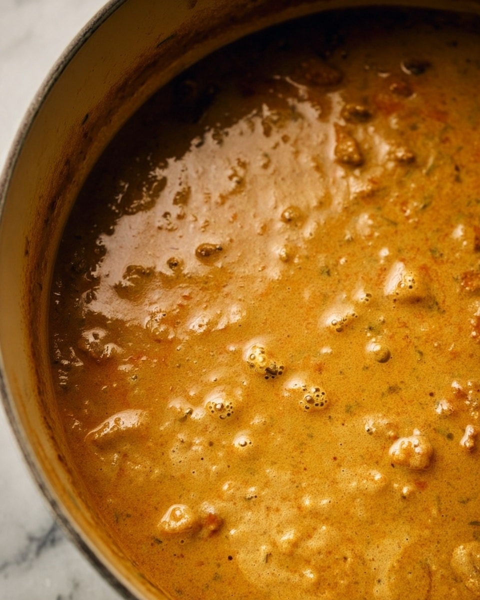 A close-up view of a bubbling thick soup or stew inside a pot, with a rich yellowish-brown color and smooth texture mixed with small chunks of meat and bits of spices spread throughout. The surface has a few bubbles and a creamy shine, showing it is hot and simmering. The pot’s sides are stained with seasoning, adding depth to the scene. The background and surface are a white marbled texture. photo taken with an iphone --ar 4:5 --v 7