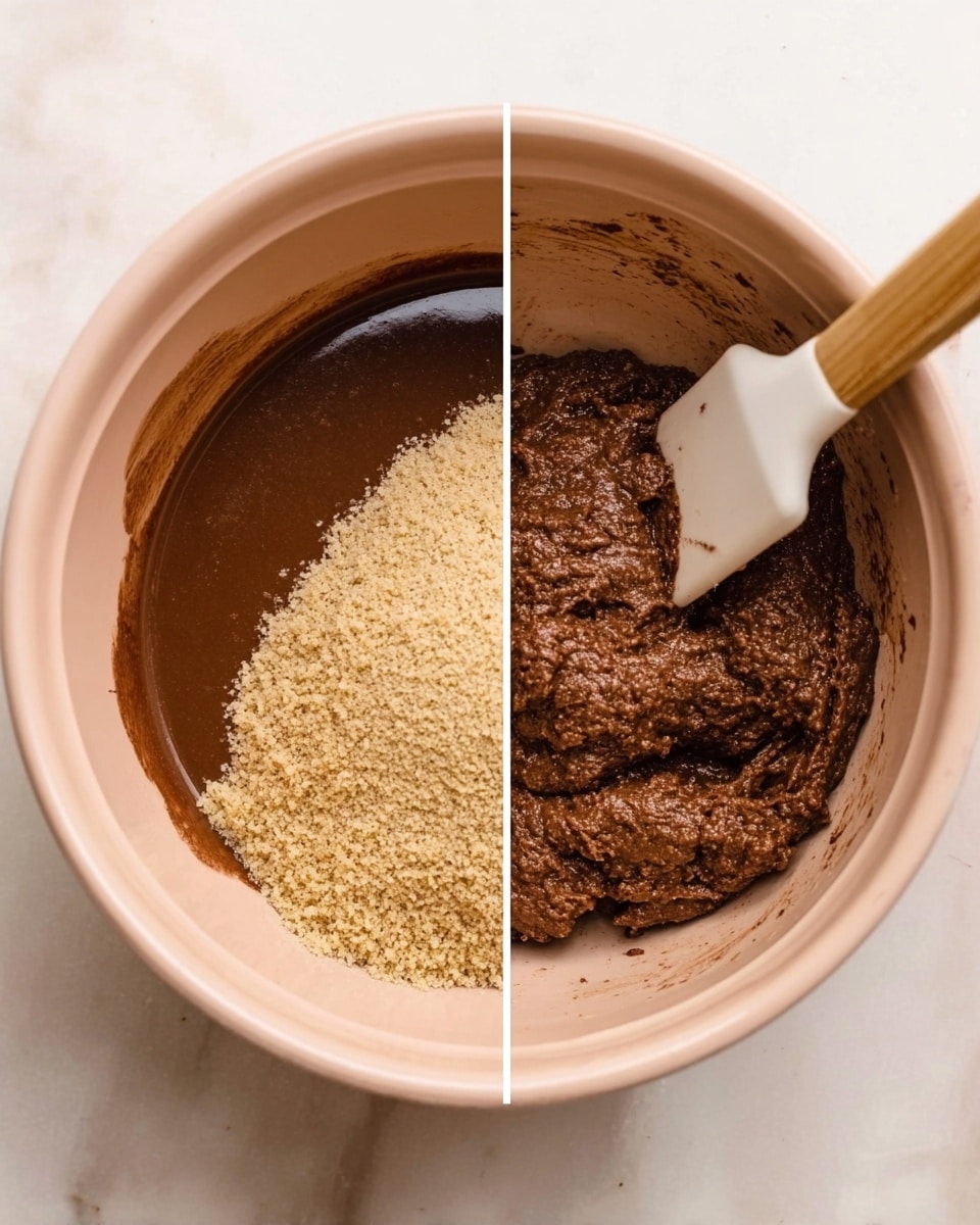 Two side-by-side images show a process in a light pink mixing bowl on a white marbled surface. The left image has two layers inside the bowl: on the left half, a smooth, dark brown liquid with a shiny texture, and on the right half, a rough, light tan granular substance piled neatly. The right image shows the same bowl with a thick, dark brown dough mixed together, textured and slightly clumped, being stirred by a white spatula with a light wooden handle. Photo taken with an iphone --ar 4:5 --v 7