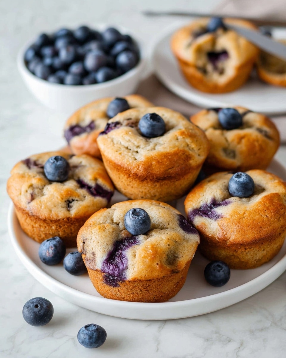 A white round plate holds seven golden-brown muffins with soft, slightly cracked tops showing swirls of dark purple blueberry filling inside. Each muffin is decorated with a fresh plump blueberry on top. Around the plate, scattered fresh blueberries sit on a white marbled surface. In the background, there is a white bowl filled with more blueberries and a muffin with a single woman's hand holding a knife next to it. The overall look is warm, fresh, and inviting. photo taken with an iphone --ar 4:5 --v 7