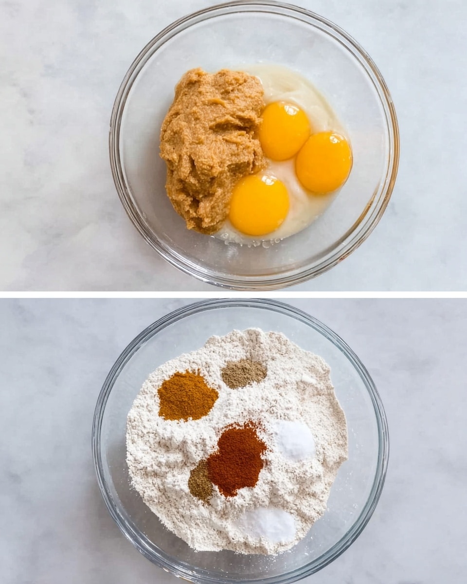 The image shows two clear glass bowls on a white marbled surface. The left bowl contains several unblended layers including two whole raw egg yolks with bright yellow-orange color on the right, a light brown creamy substance on the left, a tan smooth mash in the center, and pale liquid ingredients filling the rest of the space. The right bowl holds white flour covering most of the base, with small piles of light brown cinnamon and dark brown spice on the upper right side, and a small heap of white powder slightly below the spices. photo taken with an iphone --ar 4:5 --v 7
