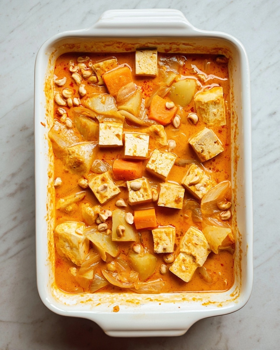 A white bowl with a dark rim contains two main layers: on the left side, there is a mound of fluffy white rice with a soft, slightly shiny texture; on the right side, there is a bright orange curry with smooth sauce covering chunks of yellow baby potatoes, orange carrot slices, and cubes of light beige tofu, all mixed with translucent cooked onions. Small green cilantro leaves garnish the curry, adding a fresh pop of color. The bowl sits on a white marbled surface, surrounded by a small bowl of fresh green herbs and lime with ginger, a white cloth napkin, metal chopsticks resting on a white small bowl, and part of a white baking dish with more curry and tofu visible. Photo taken with an iphone --ar 4:5 --v 7