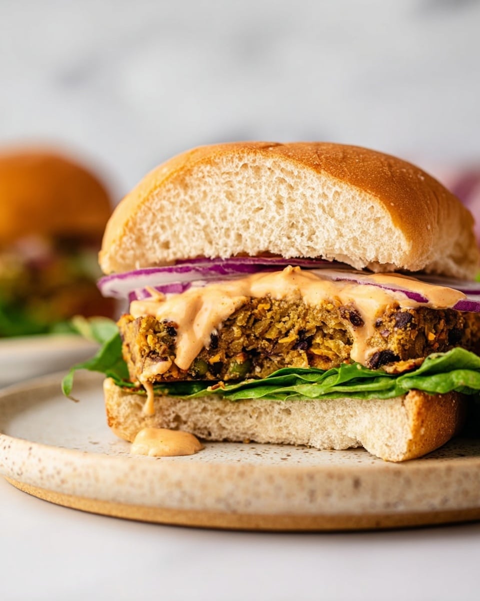 A close-up image of a sandwich with one bite taken from the top bun, showing soft, light brown bread. Inside, the bottom layer is bright green leafy lettuce, topped by a thick, textured veggie patty with visible bits of black beans and orange carrots. Above the patty is a layer of creamy, light orange sauce dripping slightly, with thin slices of purple onion on top. The sandwich is on a round speckled beige plate, placed on a white marbled surface. A second sandwich is blurred in the background. Photo taken with an iphone --ar 4:5 --v 7