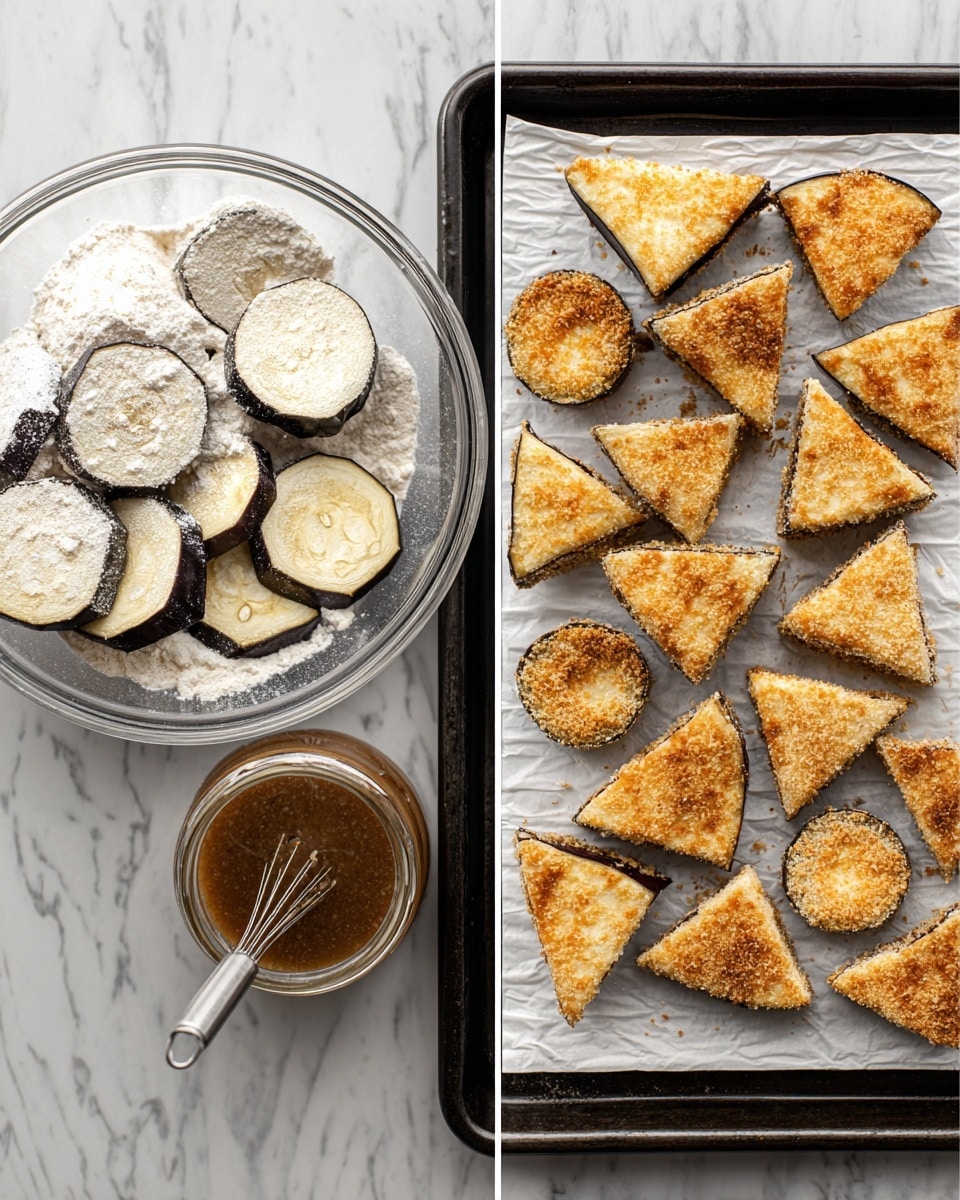 The image is split into two halves: the left side shows a white marbled surface with a clear glass bowl filled with round slices of raw eggplant coated in flour, next to a small clear jar containing a brownish sauce with a whisk inside. The right side displays a black baking tray lined with white paper towels, holding golden-brown triangular pieces of tofu arranged on the top half and round, cooked eggplant slices on the bottom half, both having a slightly crispy texture. Photo taken with an iphone --ar 4:5 --v 7