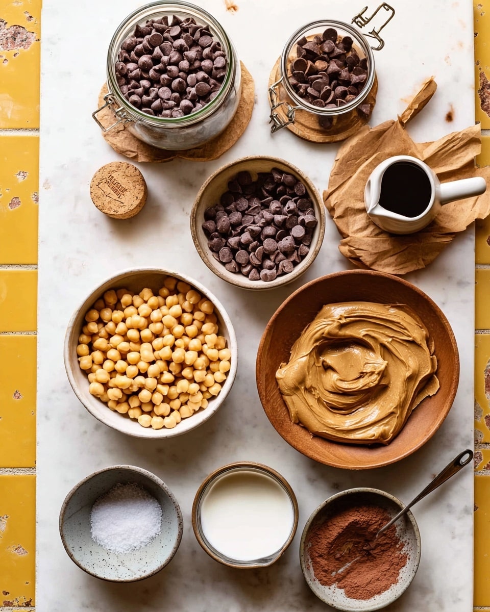 This image shows various baking ingredients arranged on a white marbled surface with yellow tile patterns visible beneath. There are nine distinct containers: a large white bowl filled with pale yellow chickpeas at the bottom left, a wooden bowl in the center filled with dark brown chocolate chips, and a round white bowl to the right filled with smooth, creamy peanut butter with swirls on top. Above the peanut butter bowl is a small white pitcher with dark syrup inside. To the top left, there is a large glass jar filled with chocolate chips, without a lid on and cork placed beside it on the surface. A small metal saucepan with wooden handles sits at the top right, containing some chocolate chips. Below this, a small wooden plate holds a glass jar of white liquid, probably milk. Close to the bottom middle, a small grey cement bowl contains dark brown cocoa powder, and a small grey bowl to the left holds white salt. A metal measuring spoon with a wooden handle is partially visible on the right edge. The overall setup is neat, with earthy and natural tones contrasting against the light background. Photo taken with an iphone --ar 4:5 --v 7