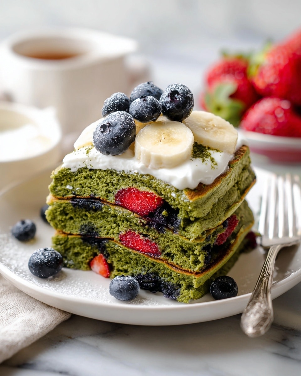 The image shows a stack of three thick, green pancakes with visible pieces of red strawberries and dark blueberries baked inside. The pancakes have a moist, slightly spongy texture. On top of the stack, there are slices of banana and several whole blueberries, along with a dollop of white cream. The stack sits on a white plate with a fork placed on the right side. The background includes blurred strawberries in a white bowl and a small white dish of cream, all set on a white marbled surface. photo taken with an iphone --ar 4:5 --v 7