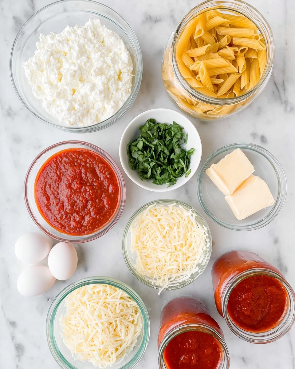 The image shows a white marbled surface with several clear glass bowls and jars arranged on it. There is a large bowl with white ricotta cheese at the top left and a jar filled with dry yellow penne pasta at the top right. In the middle, there is a small white bowl holding chopped fresh green basil leaves. Below that, a clear glass bowl contains finely shredded pale yellow parmesan cheese with two small chunks of hard parmesan resting next to it. To the left, a medium bowl holds bright red marinara sauce, and slightly below, a smaller bowl shows shredded mozzarella cheese in white and light yellow shades. Two white eggs are in a small glass bowl near the center bottom. At the bottom right corner, two open glass jars filled with red sauce sit close together. photo taken with an iphone --ar 4:5 --v 7