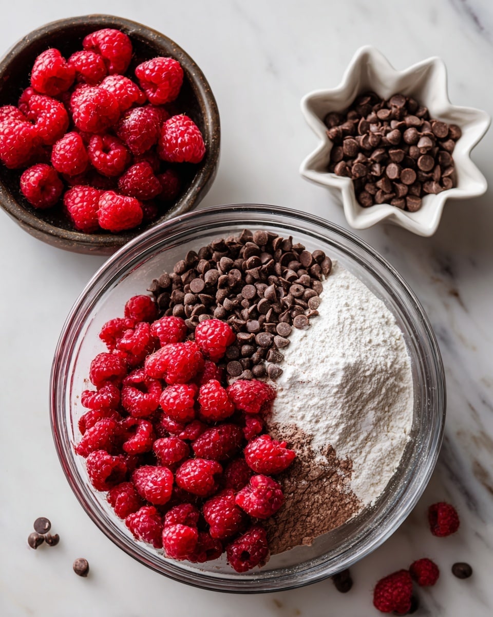 A clear glass bowl held by a woman's two hands contains a mixture with three main layers: a light brown base at the bottom, a thick layer of white flour on the right side, a pile of small dark chocolate chips on the top right, and a large pile of bright red frozen raspberries covering the left side and center. To the upper right of the bowl, on a white marbled surface, there is a small white ceramic dish shaped like a flower holding additional chocolate chips, and a small dark bowl filled with fresh bright red raspberries. A few scattered chocolate chips lie around the dishes. photo taken with an iphone --ar 4:5 --v 7