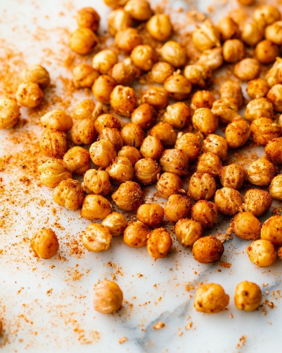 The image shows a close-up of many roasted chickpeas scattered on a white marbled surface. The chickpeas are golden brown with a light orange seasoning dusted unevenly on top, giving a slightly rough texture. They are spread out in a loose pile, with some chickpeas more clustered and others separated, showcasing their round shape and slight shine from roasting. The background is clean with some seasoning powder scattered around, enhancing the roasted look. photo taken with an iphone --ar 4:5 --v 7