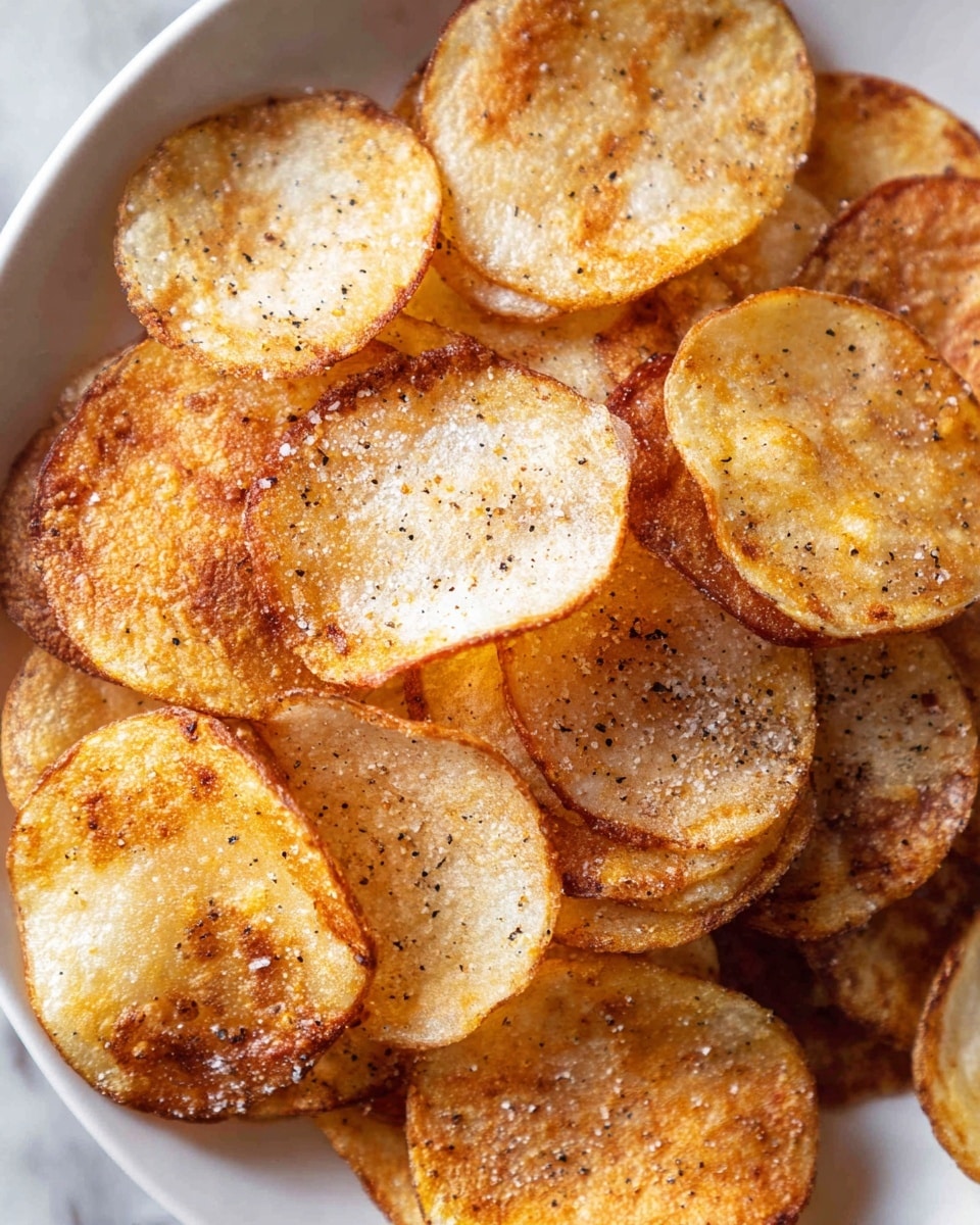A close-up view of many thin, round potato chips layered on a white plate, each chip showing a golden brown color with some darker toasted spots and lighter edges. The chips have a slightly rough texture with visible grains of coarse salt and black pepper scattered on top, giving them a crisp look. The chips overlap each other naturally, creating a sense of depth, and the whole scene is set against a white marbled surface. photo taken with an iphone --ar 4:5 --v 7