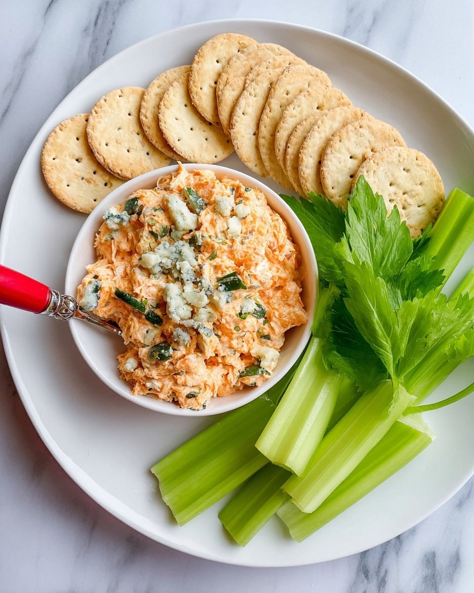 A white plate with several light golden crackers arranged on the left side and fresh, bright green celery sticks and leaves on the right side. In the middle, there is a small white bowl filled with a chunky dip that is light orange with some green herbs and small pieces of blue cheese scattered on top. A red-handled spoon is placed inside the bowl, resting on the left edge. The scene is set on a white marbled surface. photo taken with an iphone --ar 4:5 --v 7