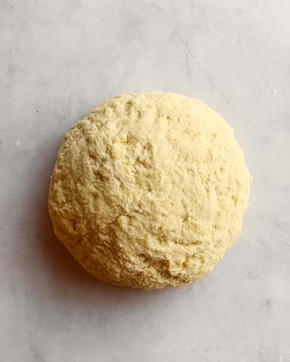 A single round ball of dough with a rough and slightly bumpy texture sits centered on a white marbled surface, showing a pale yellow color with small uneven bumps and a soft, doughy appearance, no other elements or layers are visible in the image photo taken with an iphone --ar 4:5 --v 7