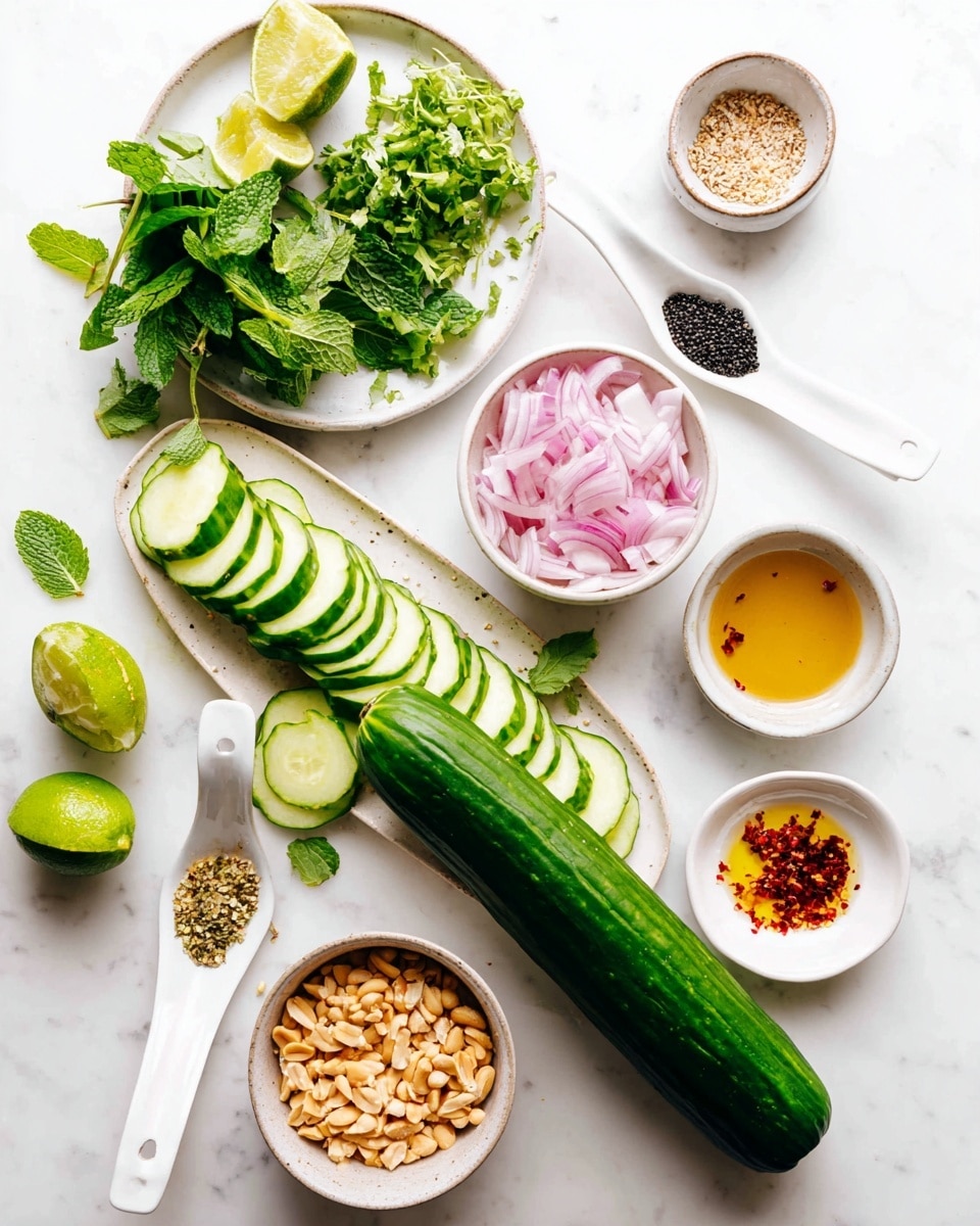 The image shows fresh ingredients arranged neatly on a white marbled surface: a long green cucumber, partially sliced into thin rounds laid out on a white plate beside the cucumber; bright green lime wedges spread above the plate; chopped green herbs including cilantro and mint on the left near the cucumber; small white bowls containing thinly sliced red onion, chopped peanuts, and two light brown liquids; and two white ceramic spoons, one with black seeds and the other with red chili flakes and a golden liquid. The setup is bright and clean, with each ingredient clearly visible and well separated. Photo taken with an iphone --ar 4:5 --v 7
