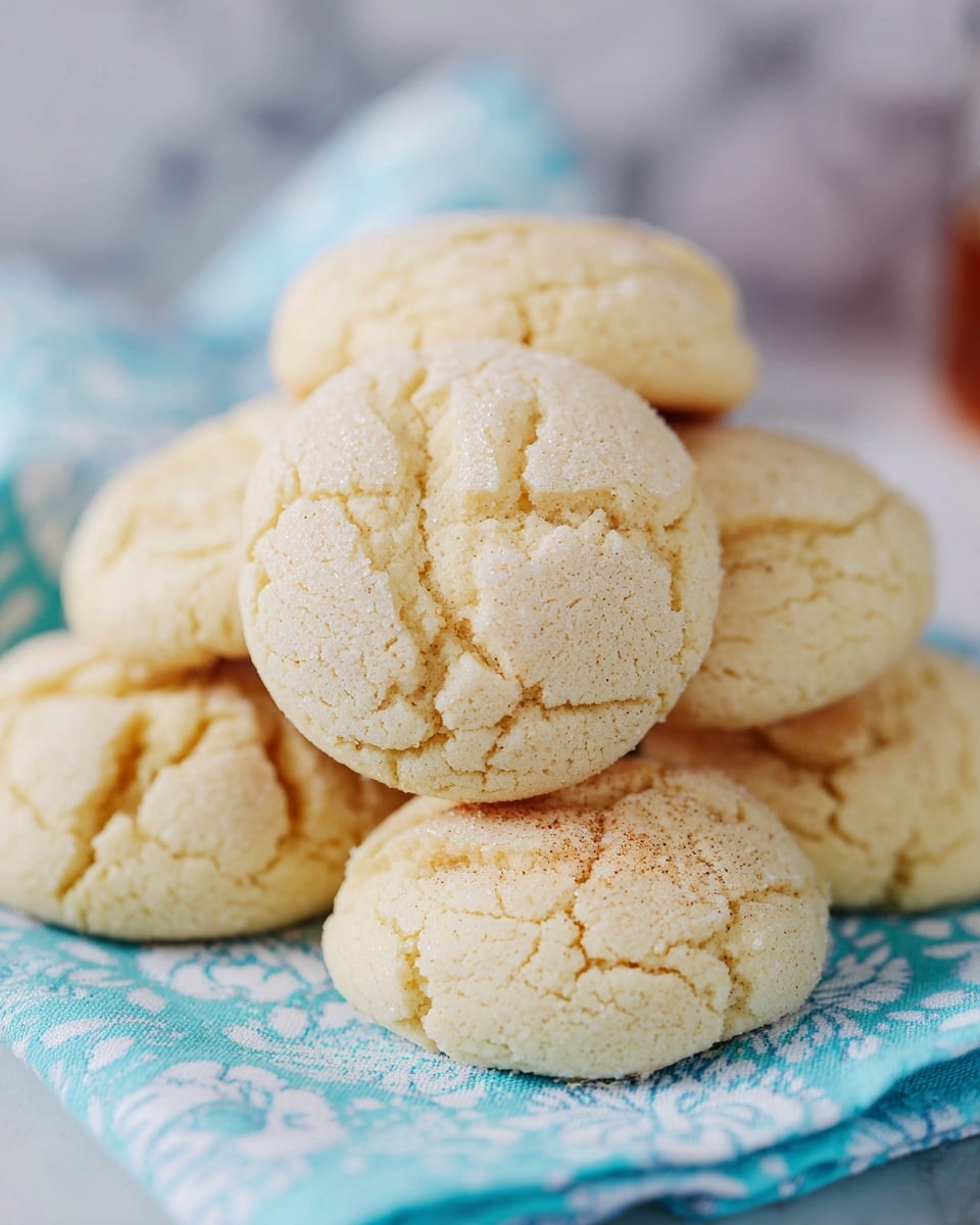 A close-up view of a pile of soft, pale yellow cookies with cracked tops, showing a slightly crumbly texture. There are about eight cookies, layered unevenly on a light blue cloth with white floral patterns. The cookies are round and lightly browned, with visible cracks creating a rustic look. The background is softly out of focus, placed on a white marbled surface. photo taken with an iphone --ar 4:5 --v 7