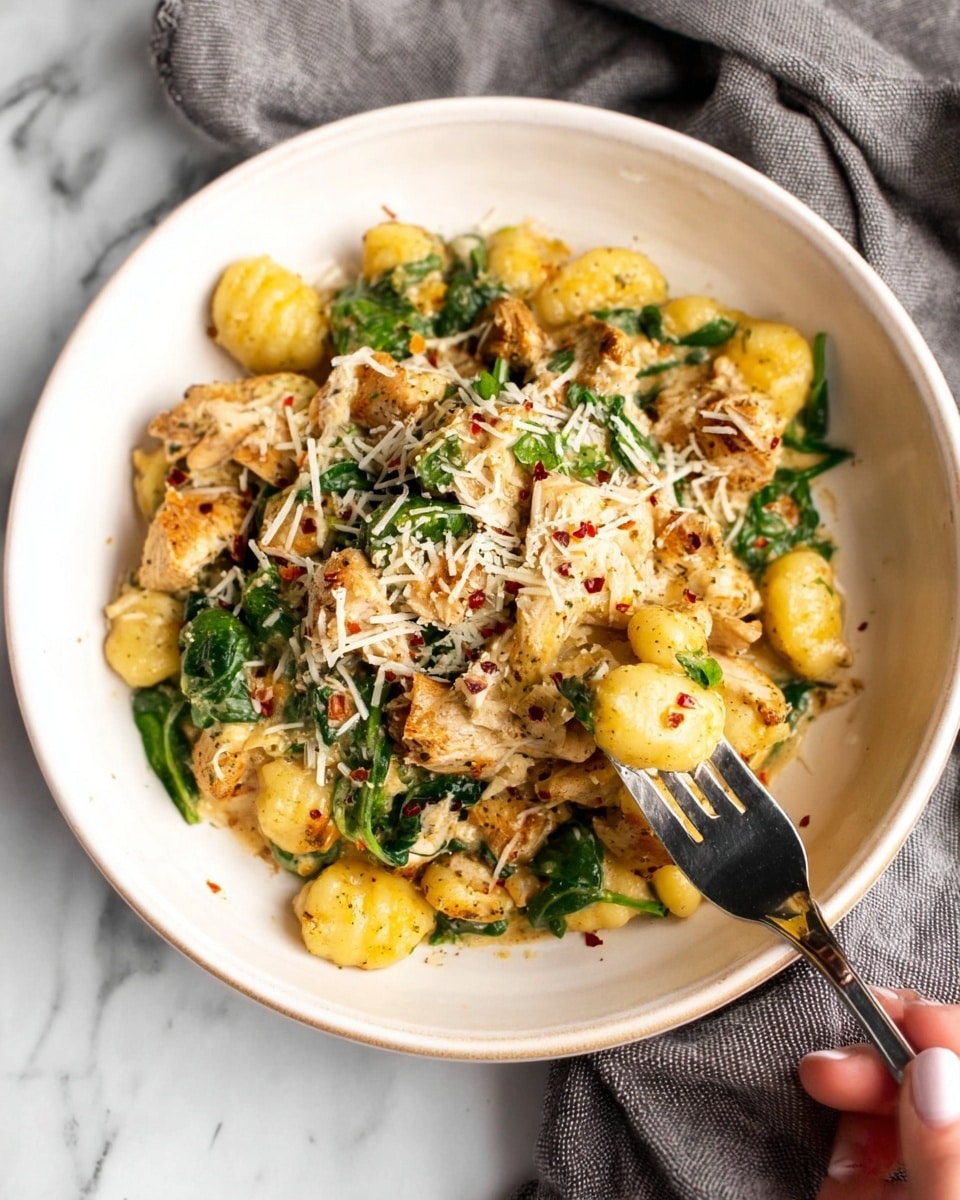 A white bowl filled with a creamy pasta dish showing three layers: a base layer of small soft golden gnocchi pieces, a middle layer of cooked green spinach leaves mixed in, and a top layer of browned pieces of cooked chicken scattered over the pasta. The dish is sprinkled with shredded white cheese and red pepper flakes. A fork is holding up a bite of the gnocchi and chicken, with a woman's hand lightly touching the fork. The bowl sits on a white marbled surface with a gray cloth nearby. Photo taken with an iphone --ar 4:5 --v 7