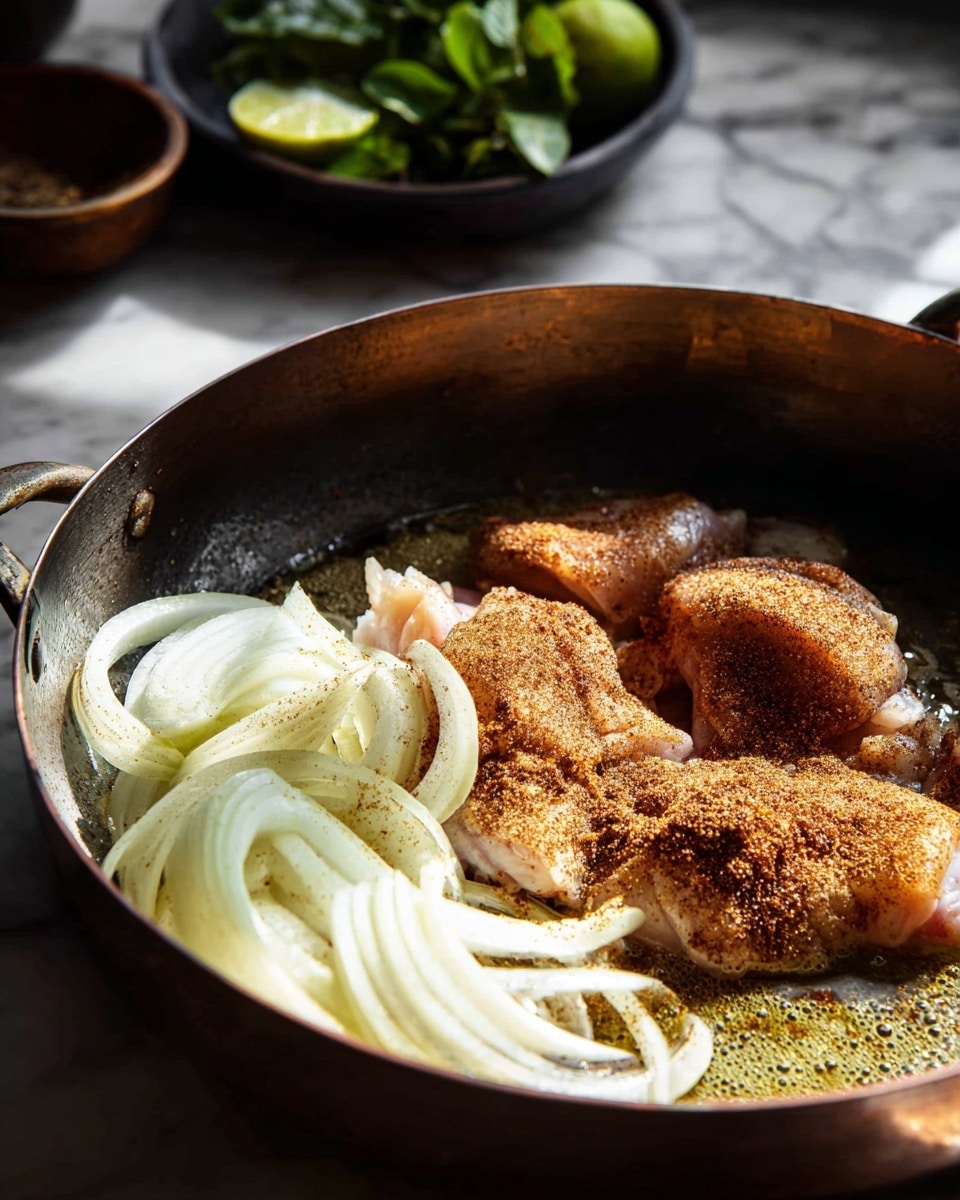 A close-up view of a dark metal pan shows raw chicken pieces seasoned with a brown spice powder, placed in the center of the pan. To the left, thinly sliced white onion layers with a light dusting of spices rest beside the chicken. The pan's surface is shiny with oil bubbling around the edges, reflecting the warm light. In the background, slightly out of focus, a dark bowl holds lime halves and green leafy herbs. The scene is set on a white marbled surface. Photo taken with an iphone --ar 4:5 --v 7