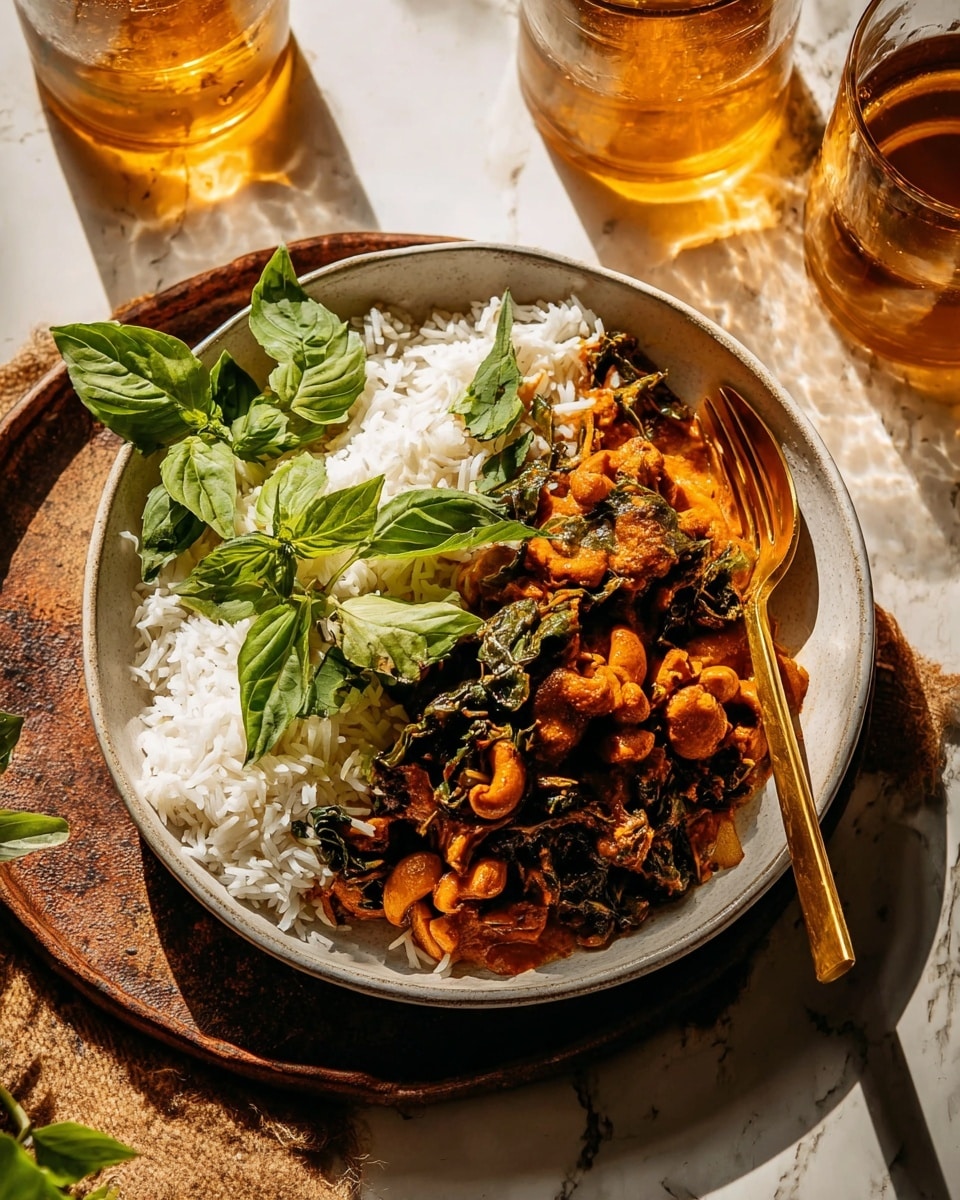 A round white plate sits on a white marbled surface with a rustic brown tray underneath. The plate holds a layered dish with white rice on one side, topped with fresh green basil leaves scattered over the top. Next to the rice is a rich brown-orange sauce with chunks of cooked dark brown pieces, cashew nuts, and wilted leafy greens mixed in. A golden fork and spoon rest on the right edge of the plate. Two glasses filled with light amber liquid are in the blurred background. Warm sunlight casts soft shadows over the scene, creating a cozy and inviting mood. Photo taken with an iphone --ar 4:5 --v 7