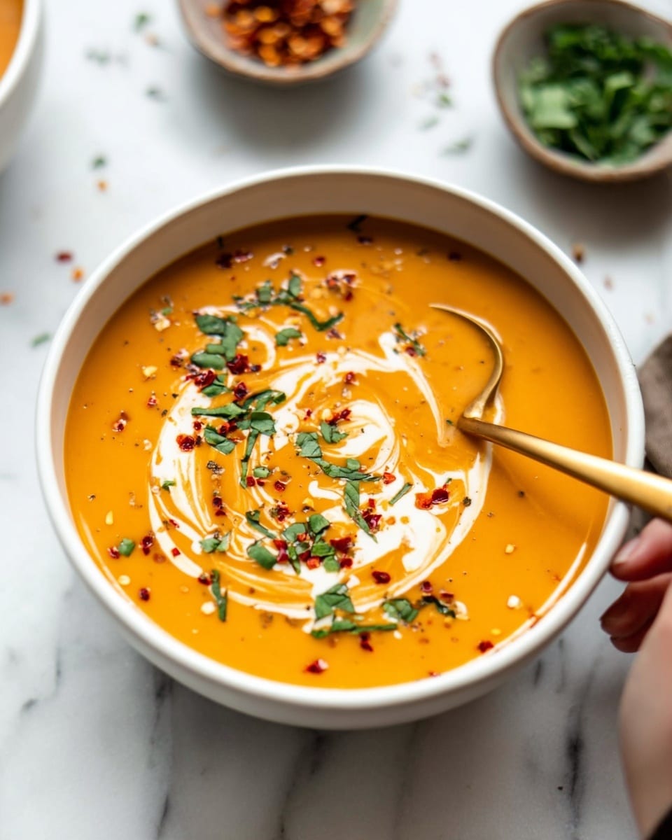 The image shows a white bowl filled with smooth, orange soup. On top, there is a swirl of white cream mixed with the soup, decorated with small red chili flakes and fresh green herb leaves scattered around. A woman's hand holds a golden spoon resting inside the bowl. The bowl sits on a white marbled surface with a blurred small bowl of green herbs and another small bowl of chili flakes in the background. photo taken with an iphone --ar 4:5 --v 7