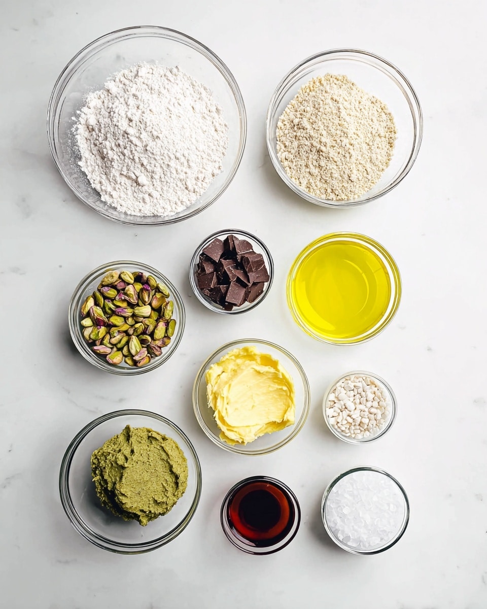 The image shows ten small bowls and cups arranged in a neat grid on a white marbled surface, containing different ingredients. The top row has a large clear glass bowl filled with white flour on the left, and a medium clear glass bowl with a crumbly light beige powder on the right. In the center row, from left to right, there is a small clear glass cup with dark chocolate chunks, a clear glass bowl with bright yellow liquid oil in the middle, and a small clear glass bowl with a light yellow, thick mashed mixture. The bottom row features a small white bowl with smooth, green paste on the left, a small white bowl filled with chopped pistachios next to it, a small clear bowl with white powdery substance in the center, a tiny clear glass container with white crystals on the right, and a small clear cup with a dark brown liquid at the far right. Photo taken with an iphone --ar 4:5 --v 7