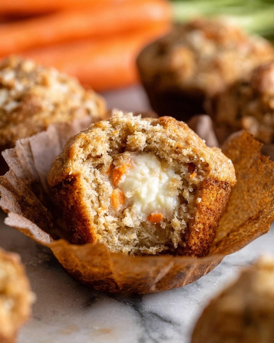 A close-up of one muffin with the brown paper wrapper peeled down around it, showing its crumbly light brown outer layer with small orange specks. The inside reveals a creamy white filling in the center, surrounded by the moist muffin crumb. In the blurred background, there are whole carrots and more muffins with similar texture and color. The scene is set on a white marbled surface. photo taken with an iphone --ar 4:5 --v 7