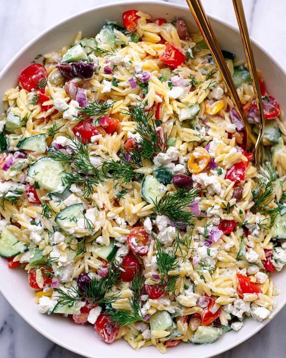 The image shows a white bowl filled with a colorful orzo pasta salad. The salad has a mix of yellow orzo pasta as the base layer, scattered with chopped green cucumbers, red bell peppers, and halved red cherry tomatoes for bright pops of color. Crumbled white feta cheese is spread throughout the salad, adding a soft texture. There are green olives and small pieces of diced red onions mixed in, along with fresh green dill sprigs on top. The salad looks creamy, likely from a light dressing. Two gold forks rest inside the bowl, standing out against the food. The background is a white marbled surface. Photo taken with an iphone --ar 4:5 --v 7