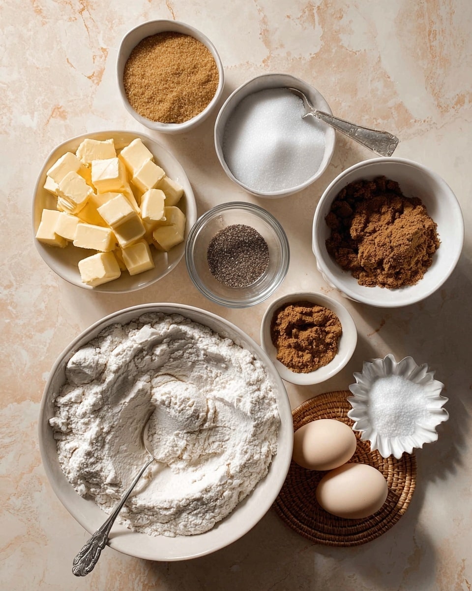 This image shows several white bowls and cups placed on a beige surface with a white marbled texture underneath. Starting from the bottom left, there is a large white bowl filled with white flour, with a silver spoon resting inside creating soft swirls in the flour. Above it, a round white bowl holds light brown sugar. To the upper middle left, a white cup contains yellow butter cubes. To the right of the butter is a smaller cup with coarse ground black pepper. Below it is a glass cup filled with white granulated sugar. Next to the sugar is a small bowl with a brown powder, likely cinnamon. At the bottom right, two eggs sit in a small white bowl on a round wicker coaster. A silver spoon with a pinch of white salt rests on a white date-stained piece of paper near the right edge, and above it, a shallow white scalloped dish contains white baking powder or baking soda. The scene is lit softly, creating a warm and clean setting for baking preparation. photo taken with an iphone --ar 4:5 --v 7