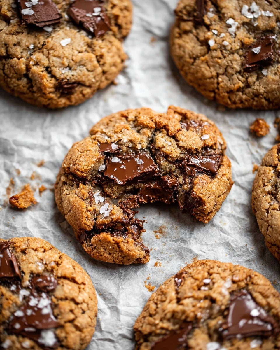 The image shows a close-up of several chunky cookies with rough, golden-brown textured tops filled with melted milk chocolate chunks scattered across and inside. The center cookie is broken open, revealing a gooey layer of smooth, rich chocolate inside and topped with a few coarse salt flakes that add a shiny contrast. The cookies rest on crumpled gray parchment paper which lies on a white marbled surface. The lighting highlights the crispy edges and soft inside of the cookies, creating a warm and inviting look photo taken with an iphone --ar 4:5 --v 7