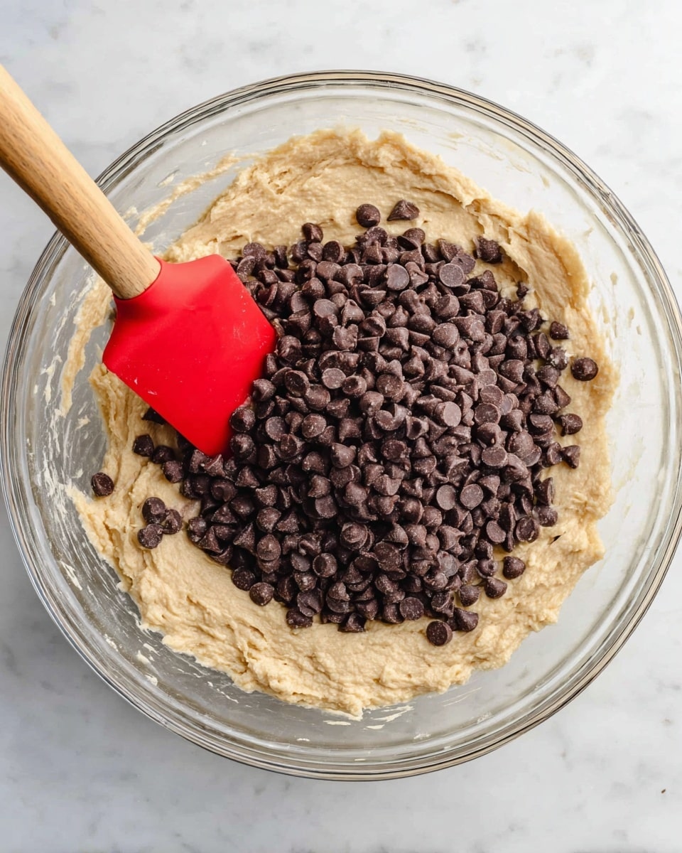 A large clear glass bowl holds two main layers: the bottom layer is thick, light beige batter spread evenly inside the bowl, showing a smooth, slightly lumpy texture, while the top layer is a large mound of small, dark brown chocolate chips piled in the center. A wooden-handled spatula with a bright red rubber end rests partially submerged in the batter and chocolate chips, slightly lifting some chips. The bowl sits on a white marbled surface. Photo taken with an iphone --ar 4:5 --v 7