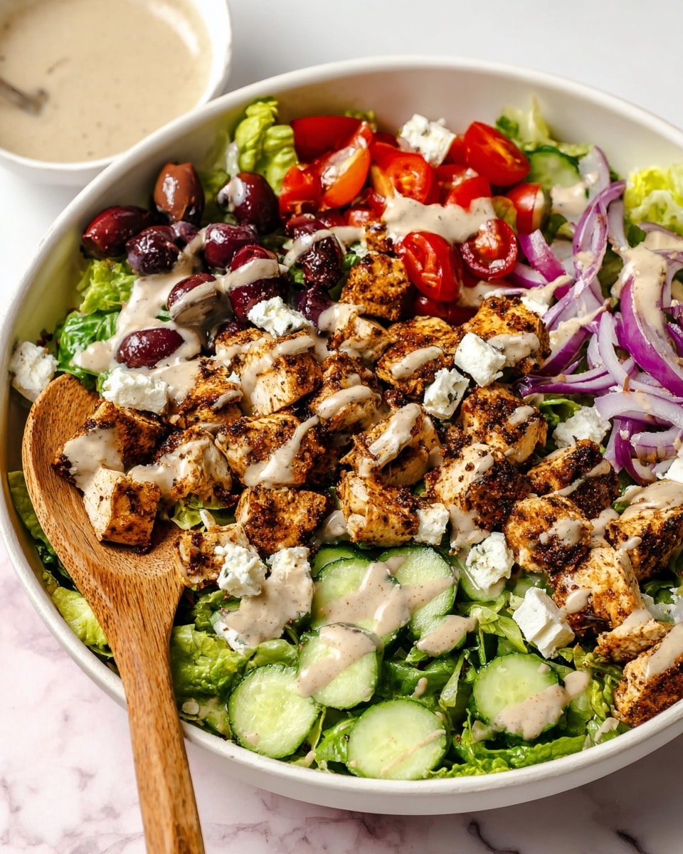 The image shows a white bowl filled with a colorful salad arranged in layers. The bottom layer consists of green lettuce leaves, cucumber chunks, and halved cherry tomatoes. On top of this, there are pieces of grilled seasoned chicken, dark purple olives, and slices of red onion. Scattered over the ingredients are small white chunks of soft cheese and a creamy beige dressing drizzled generously across the salad. A wooden spoon is resting on the edge of the bowl. The bowl is placed on a white marbled surface. Photo taken with an iphone --ar 4:5 --v 7