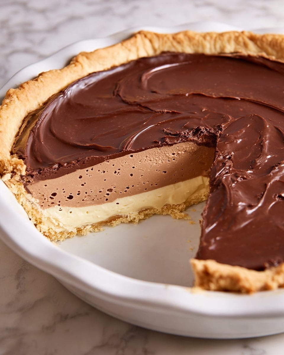 The image shows a pie with three visible layers inside a white pie dish placed on a white marbled surface. The bottom layer is a light beige, flaky crust, firm and slightly crumbly. Above this is a thick middle layer of smooth, light brown chocolate filling with tiny air bubbles throughout, showing a creamy texture. The top layer is a dark, glossy chocolate ganache with a shiny, swirl pattern. There is one slice removed, giving a clear view of the filling layers. photo taken with an iphone --ar 4:5 --v 7
